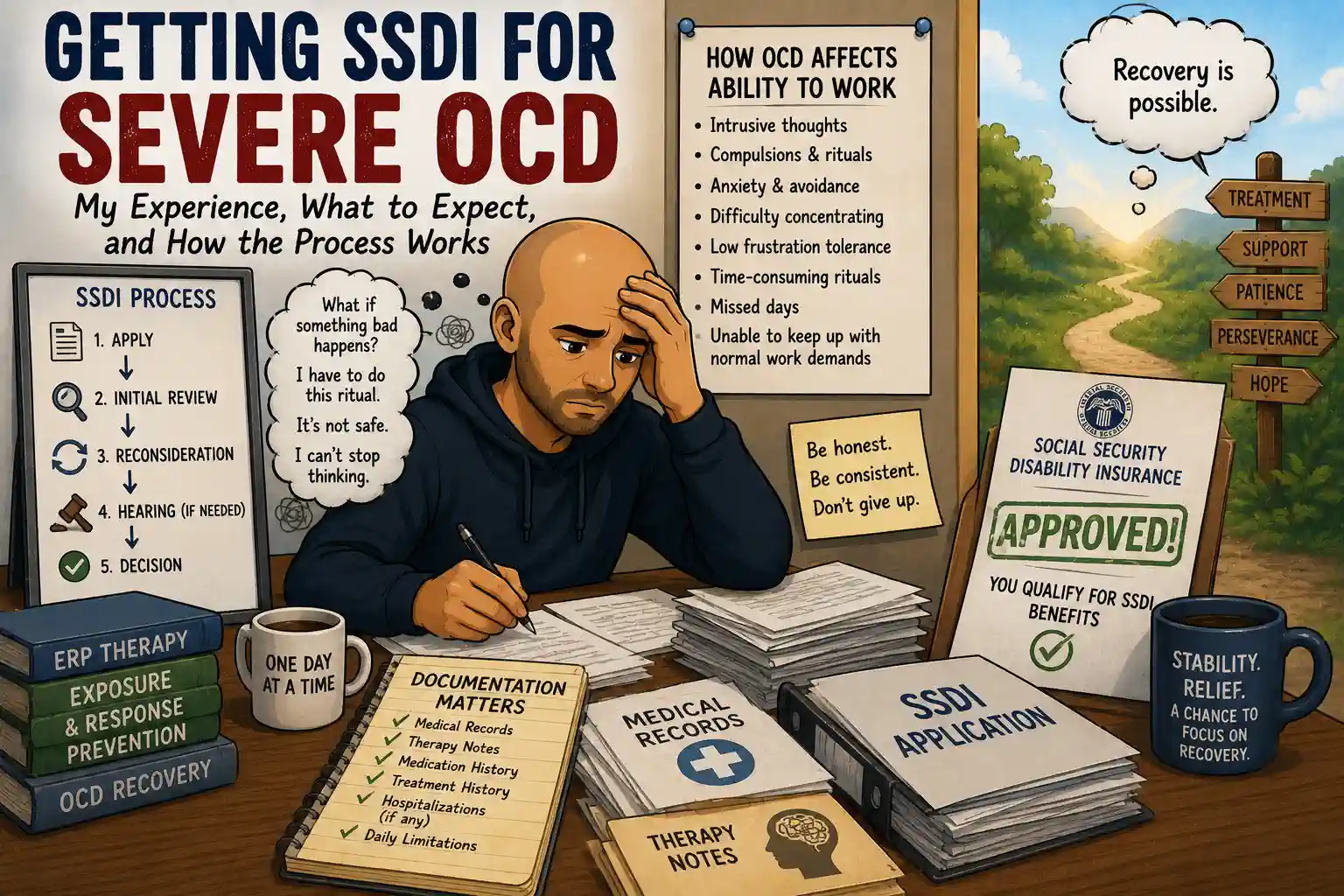 Cartoon bald man with OCD paperwork, medical records, and SSDI documents while navigating the disability approval process.