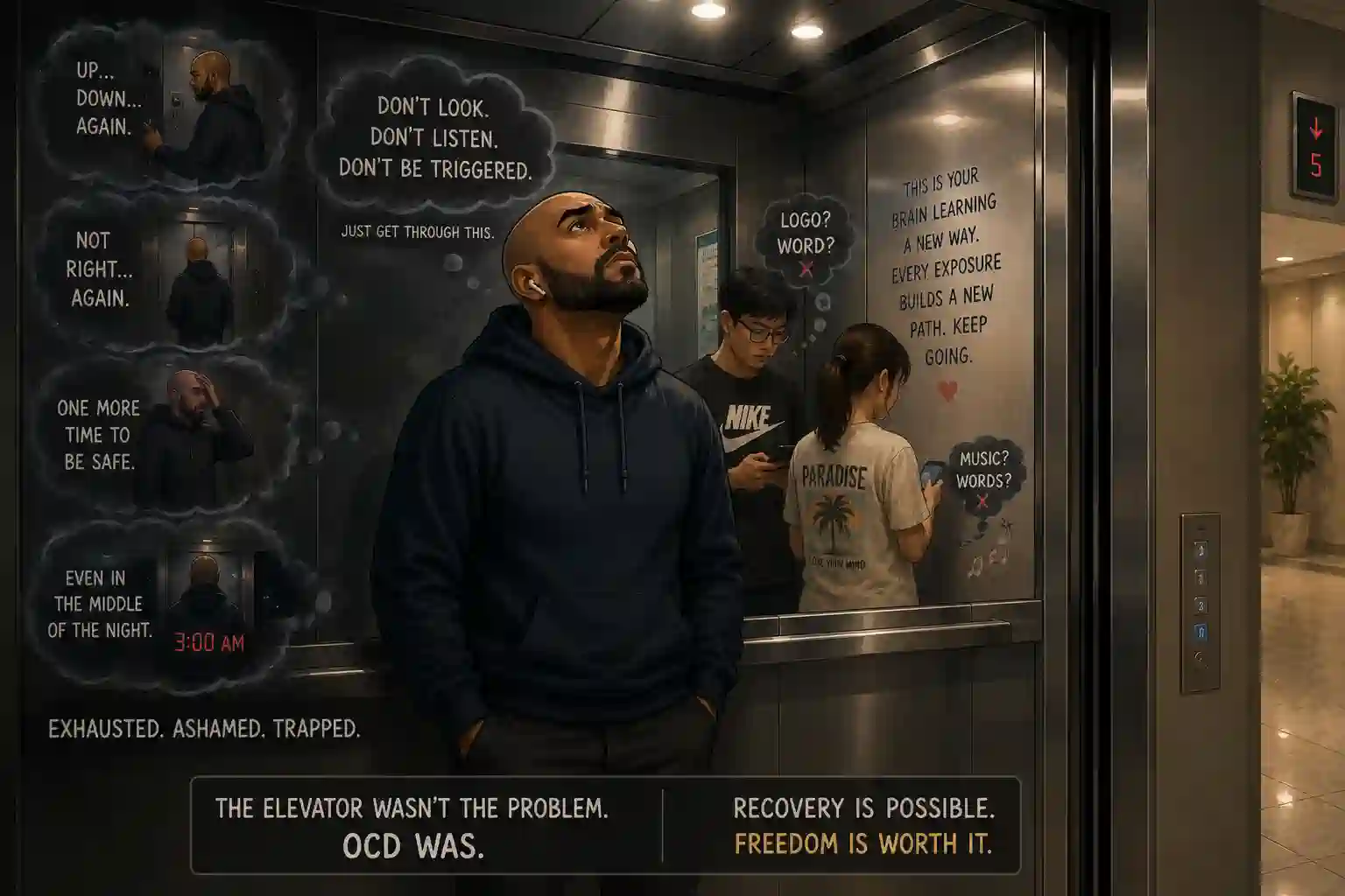 Cartoon bald man riding an apartment elevator while looking at the ceiling to avoid trigger words and logos, illustrating how OCD can turn ordinary places into daily struggles.