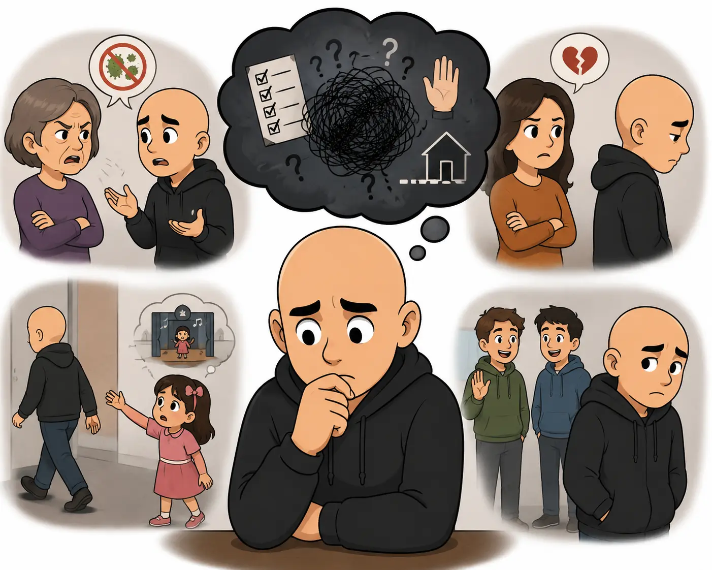 Bald man with OCD feeling distant from family and friends while struggling with intrusive thoughts, avoidance, relationship strain, and recovery.