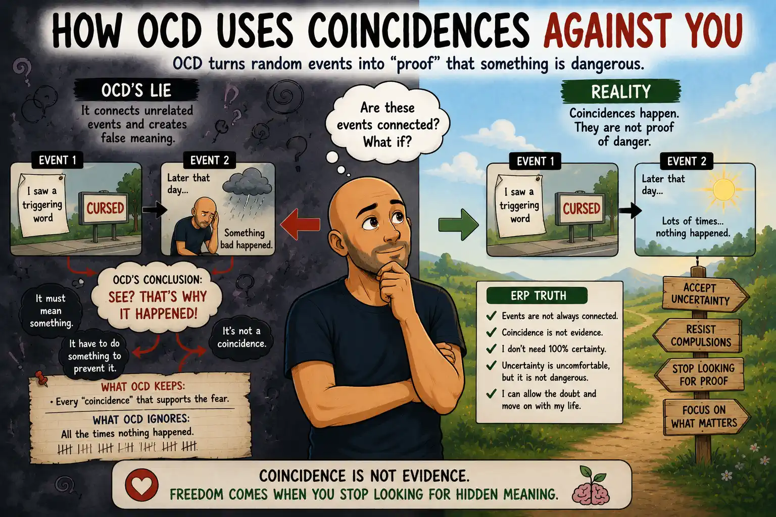 Cartoon bald man noticing unrelated events and coincidences while OCD tries to connect them, contrasted with ERP teaching that coincidence is not evidence.