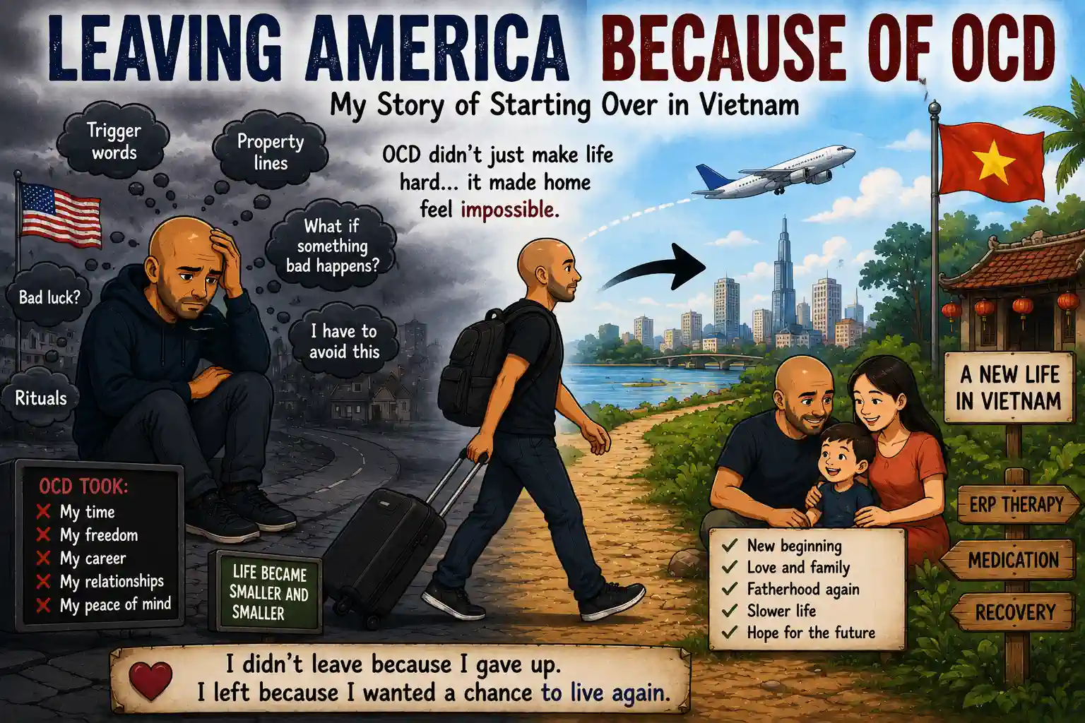 Cartoon bald man leaving America because of severe OCD and starting a new life in Vietnam while learning that treatment and ERP matter more than avoidance.