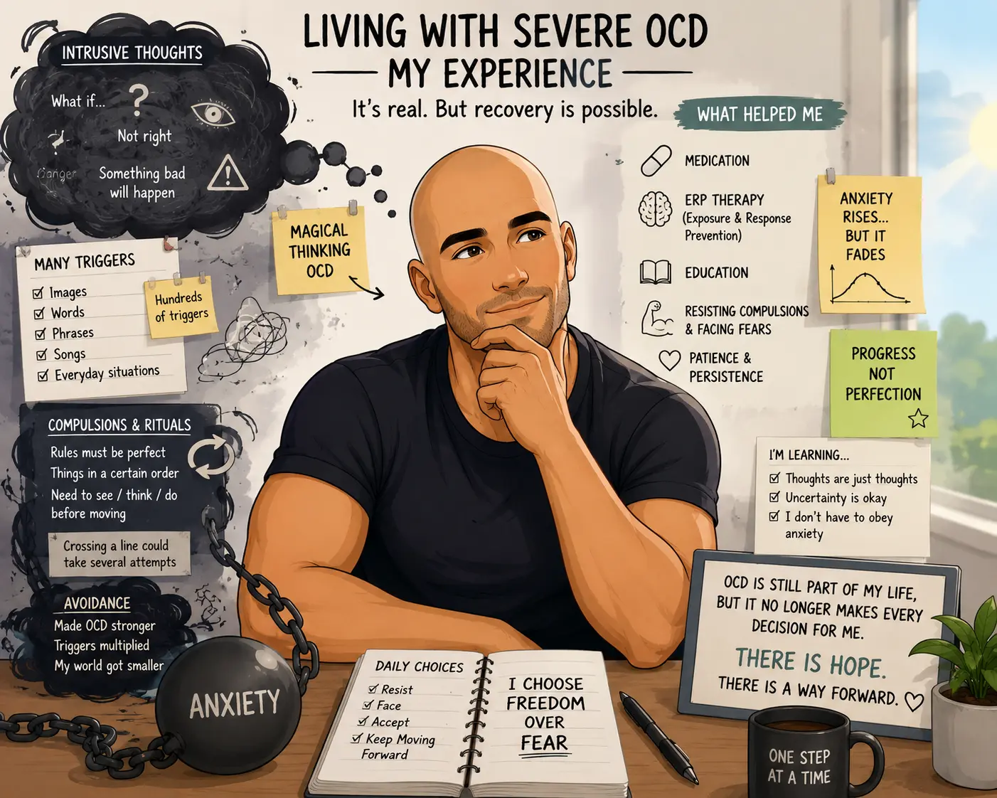 Man struggling with severe OCD, magical thinking, intrusive thoughts, and daily compulsive rituals