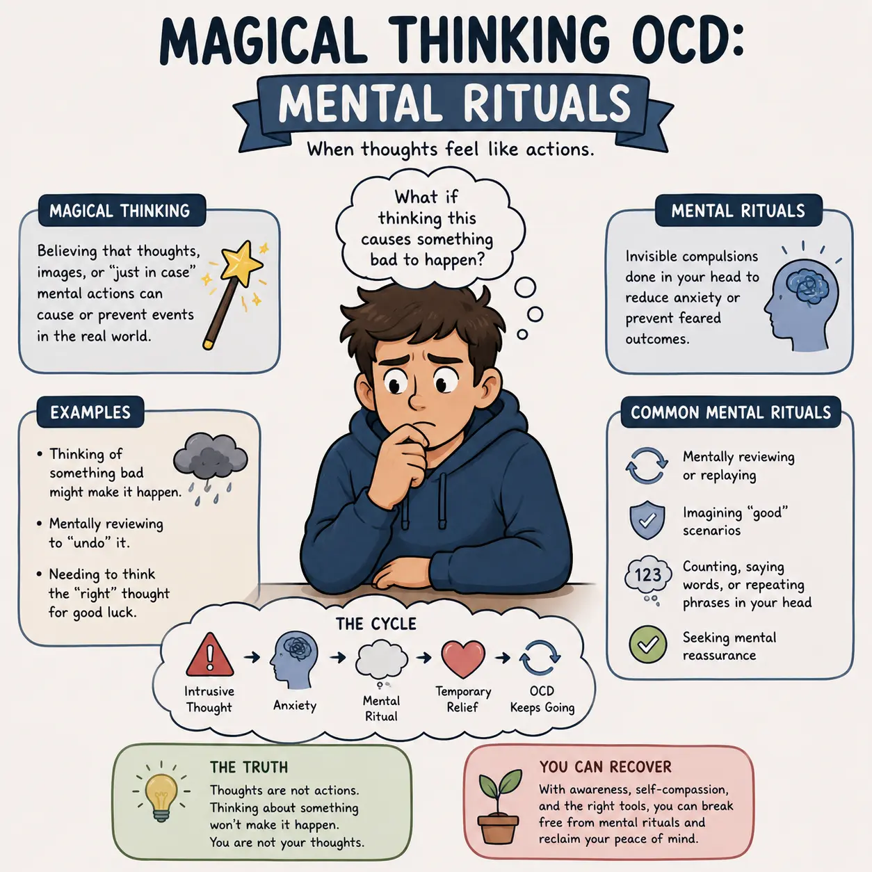 Person experiencing magical thinking OCD with intrusive thoughts, mental rituals, and anxiety