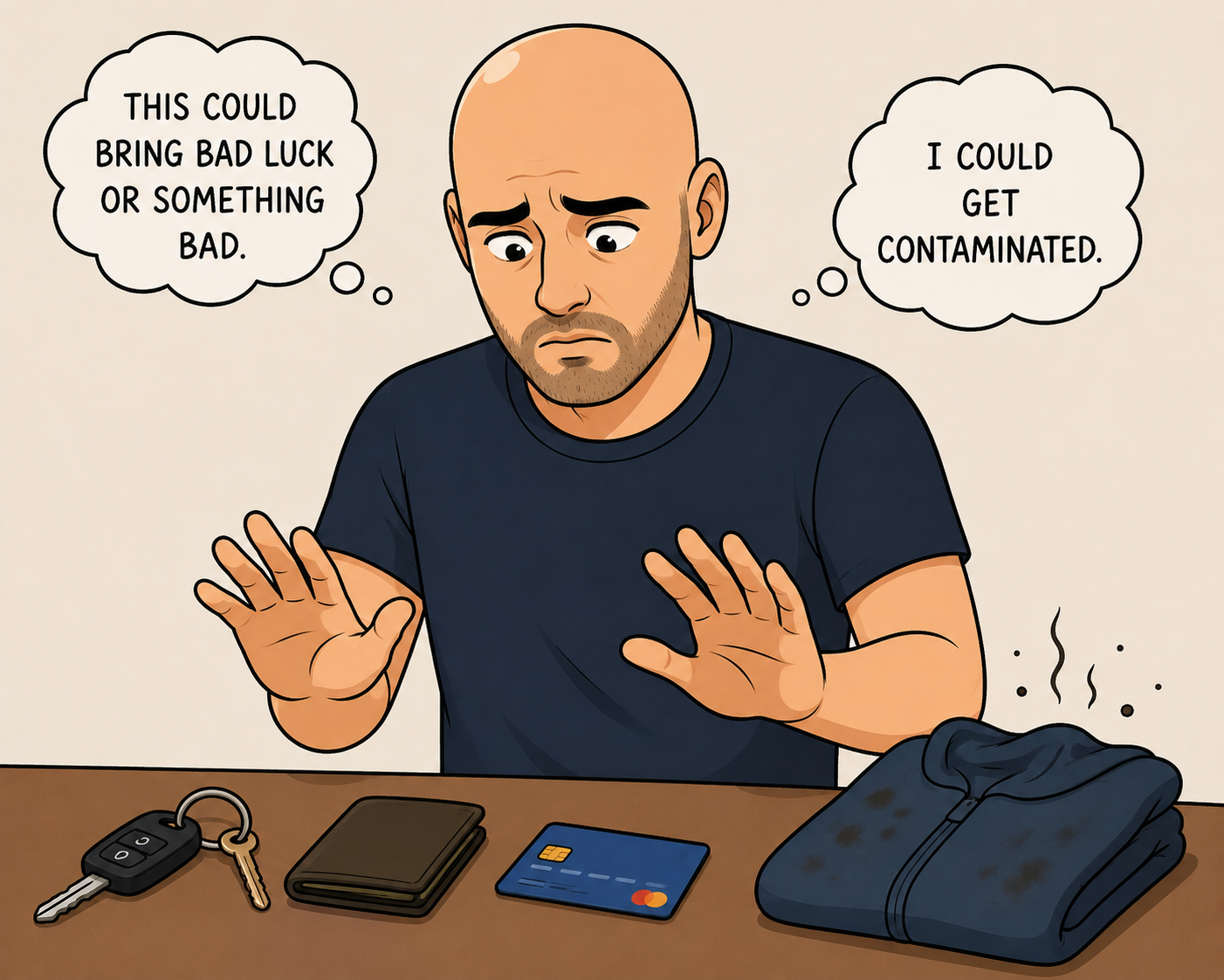 Bald man struggling with metaphysical contamination OCD, magical thinking, and fear of bad luck spreading through objects and places.