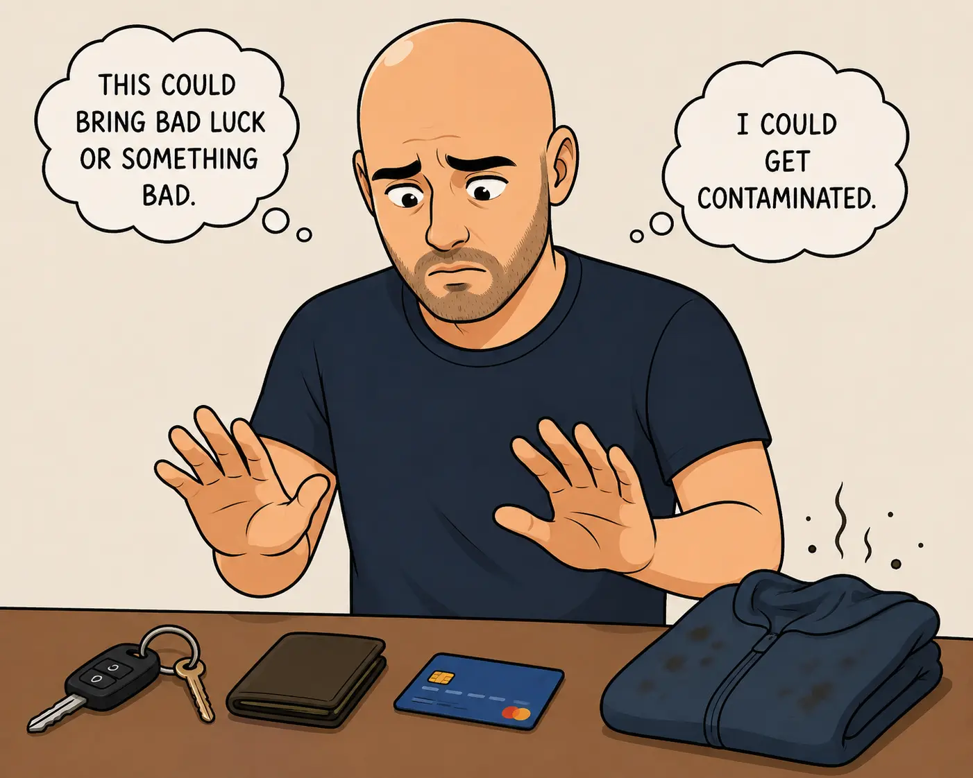 Bald man struggling with metaphysical contamination OCD, magical thinking, and fear of bad luck spreading through objects and places.