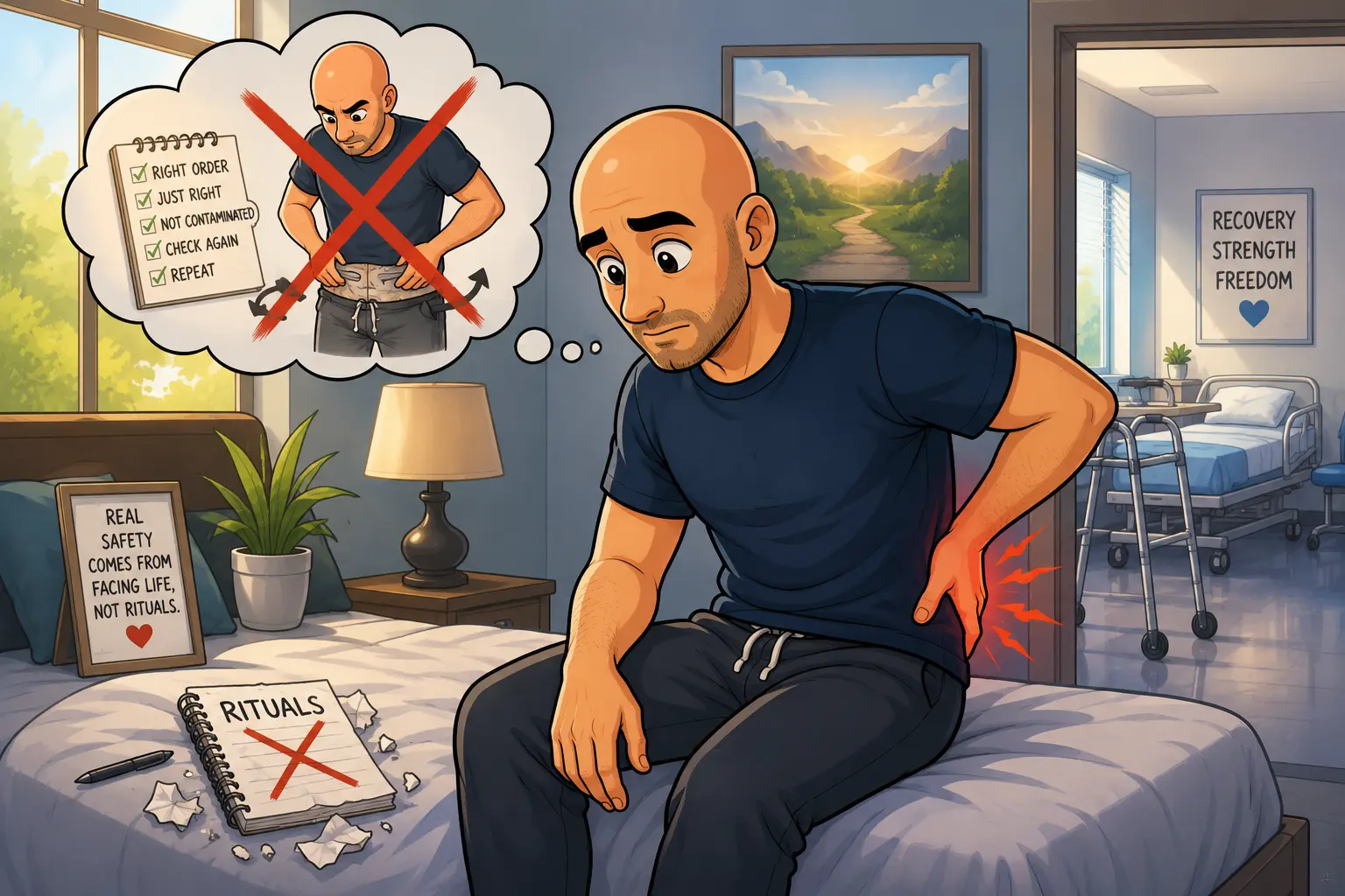 Cartoon bald man sitting on the edge of a bed with back pain, realizing that OCD rituals did not protect him from injury and questioning the false sense of safety provided by compulsions.