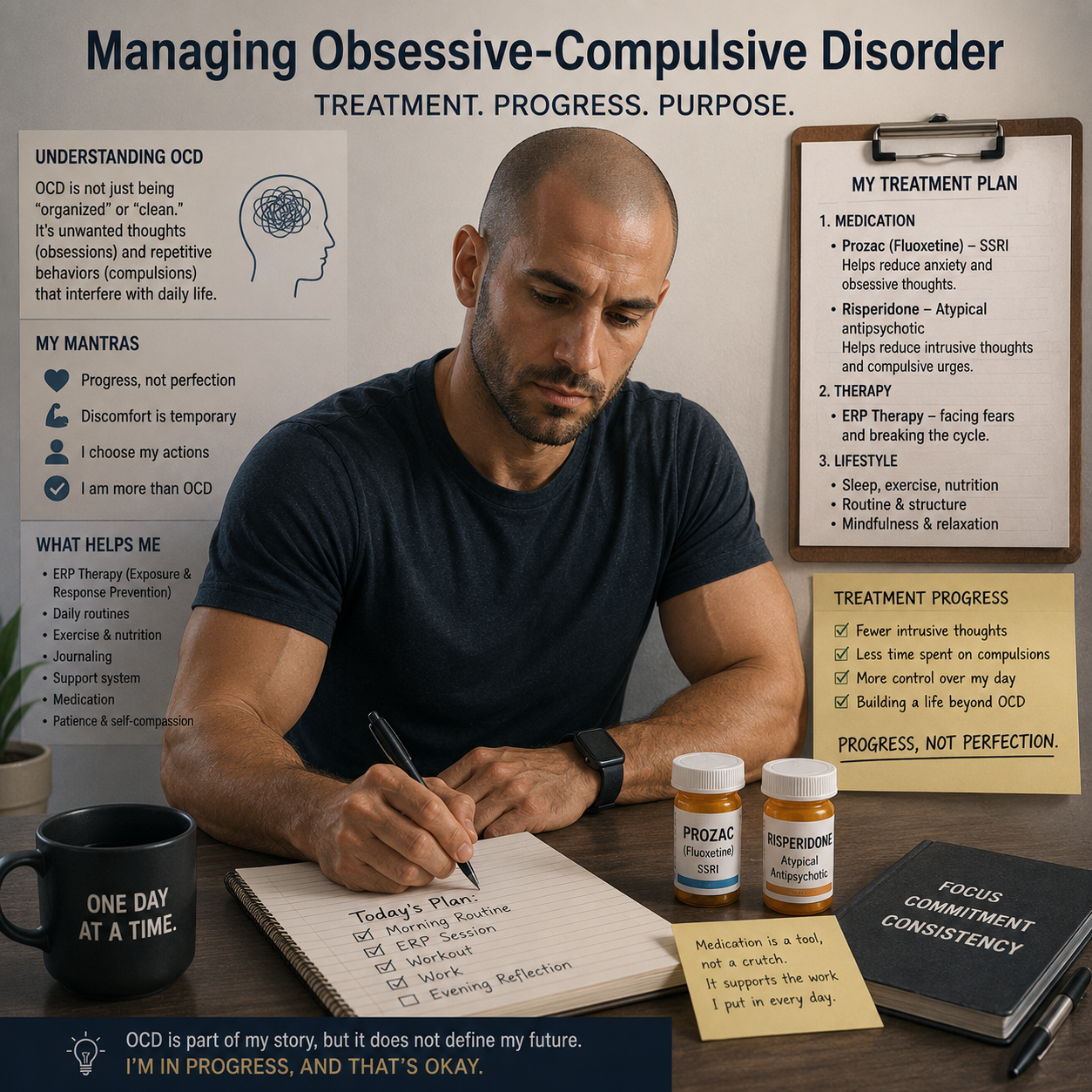 Man managing obsessive-compulsive disorder while discussing Prozac, risperidone, and OCD treatment progress
