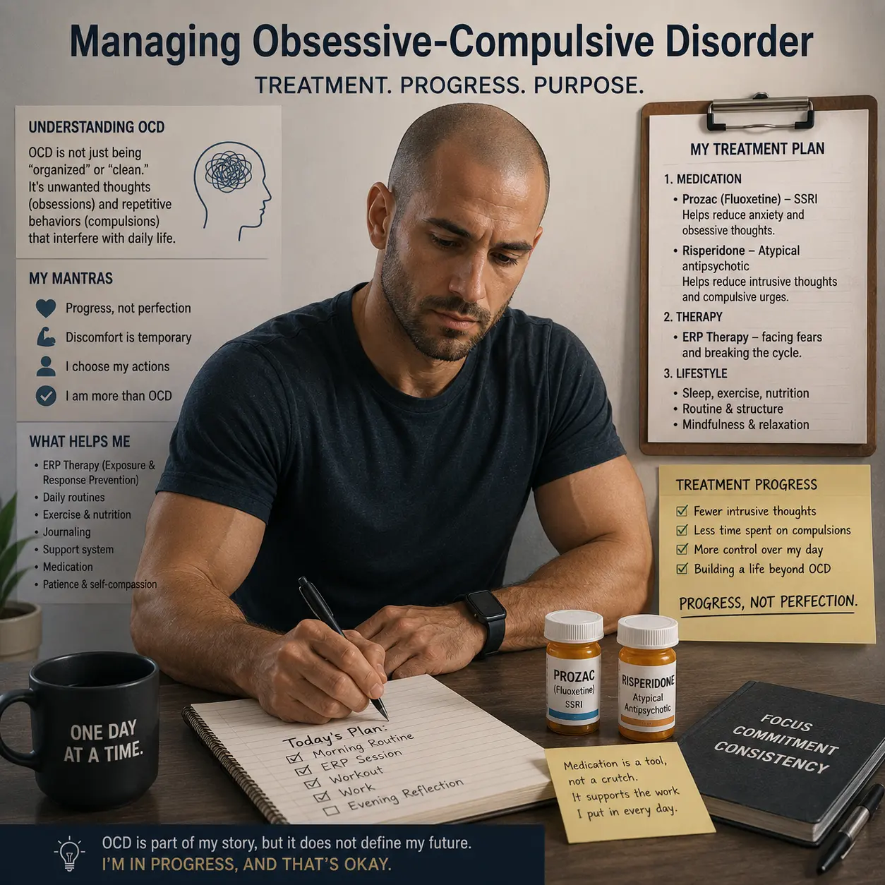 Man managing obsessive-compulsive disorder while discussing Prozac, risperidone, and OCD treatment progress