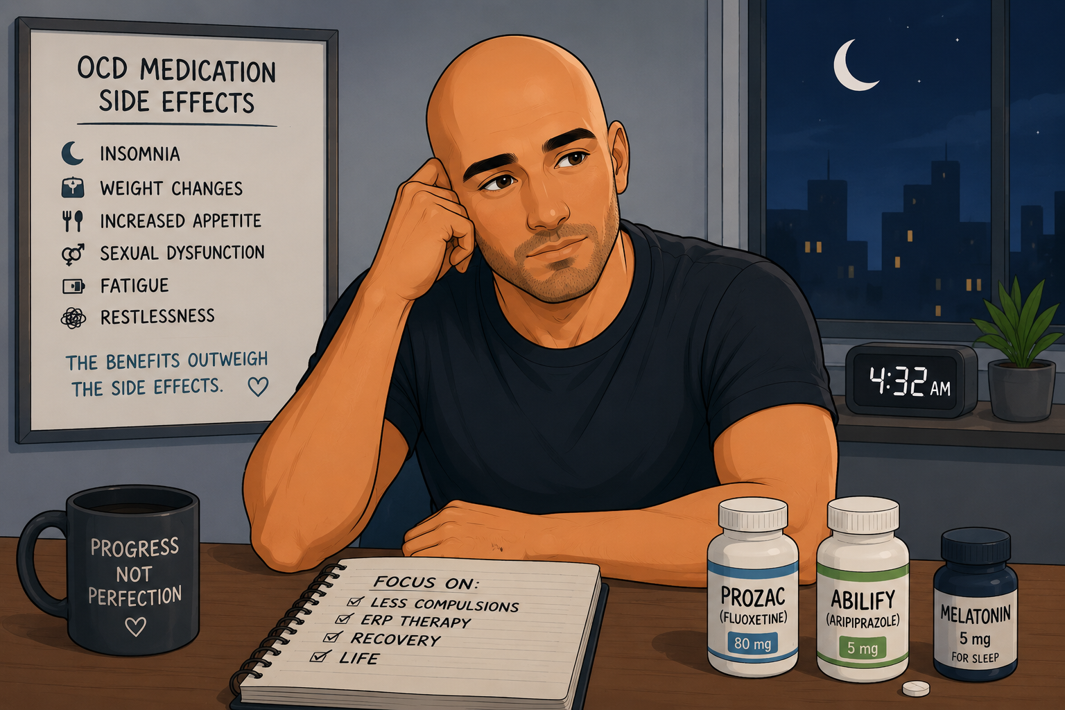 Bald man managing OCD treatment while reflecting on Prozac, Abilify, medication side effects, and recovery progress.