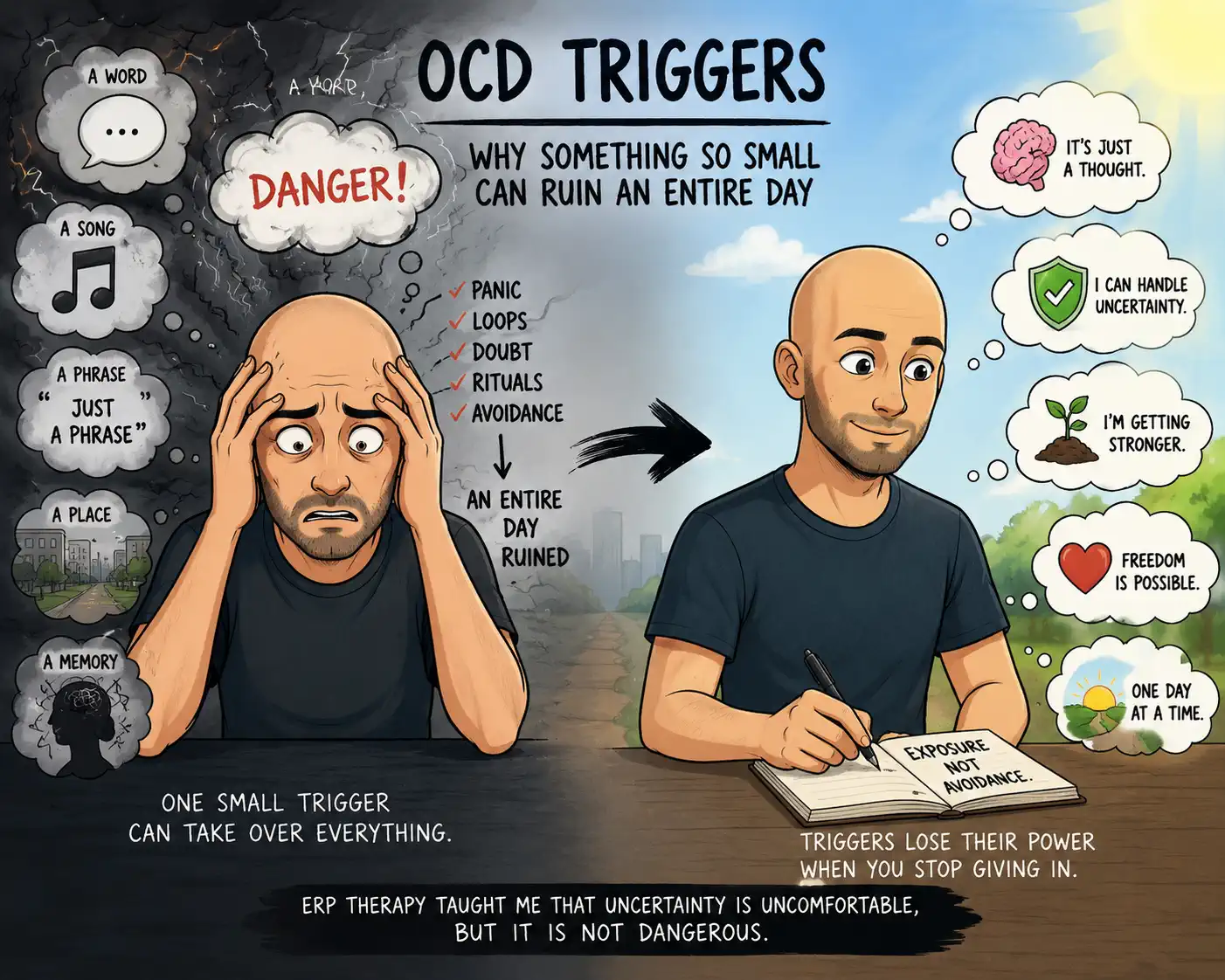 Cartoon bald man reacting to OCD triggers from words, songs, objects, and intrusive thoughts while learning to reduce fear through ERP therapy.