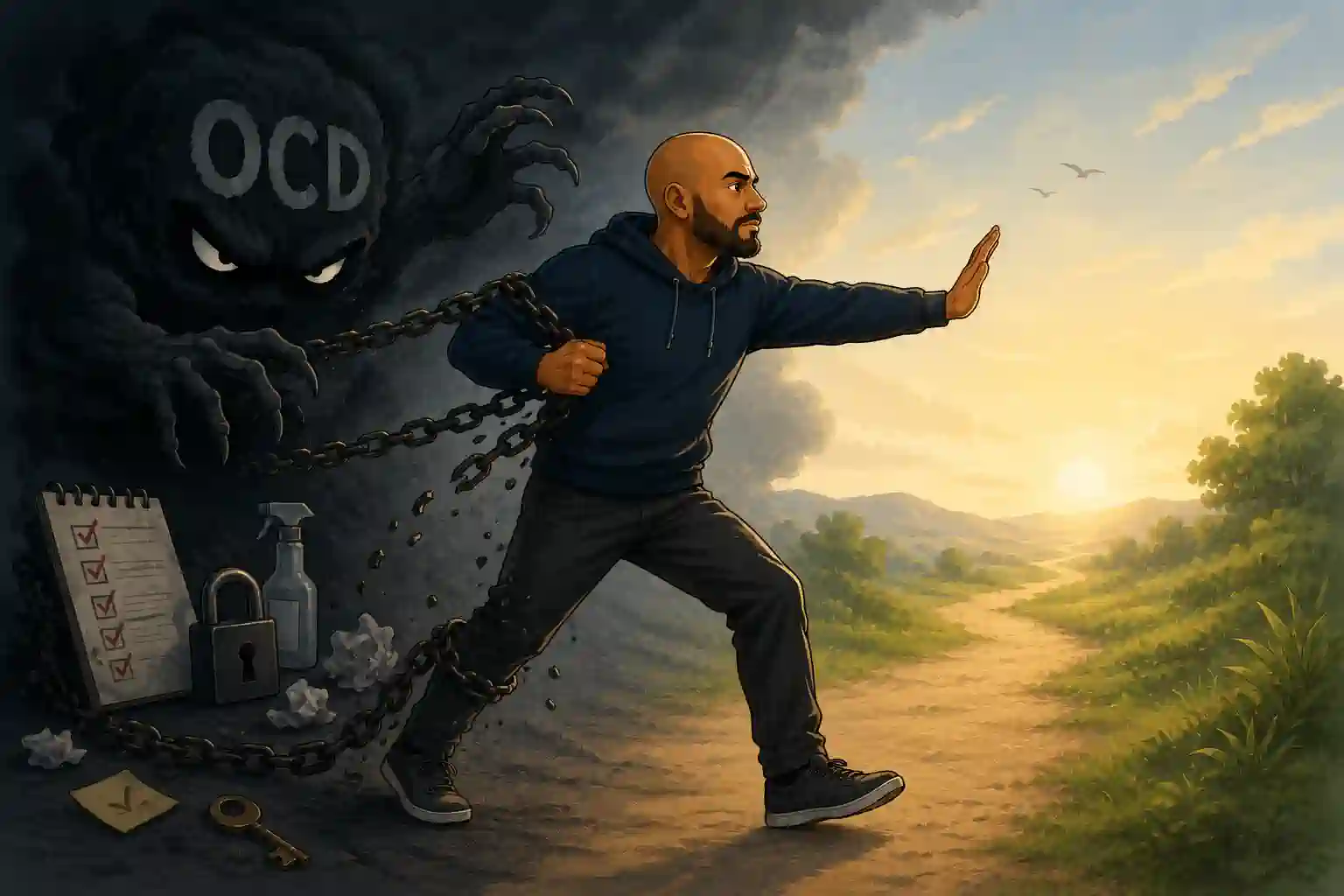 Cartoon bald man breaking free from OCD’s control while choosing uncertainty over compulsions, symbolizing recovery through ERP.