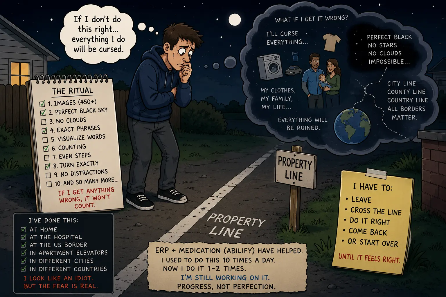 Cartoon man standing near a property line while struggling with OCD rituals and intrusive thoughts.