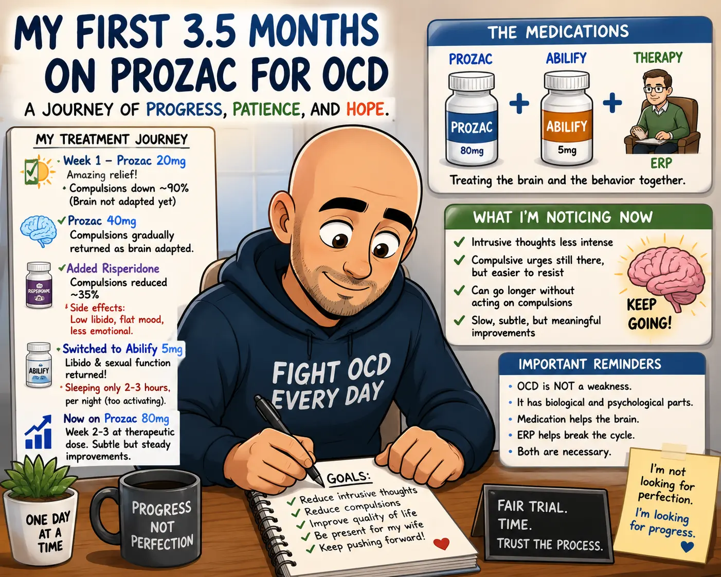 Cartoon bald man with OCD reviewing his treatment progress while taking Prozac and Abilify, showing reduced compulsions, medication adjustments, and ongoing recovery.