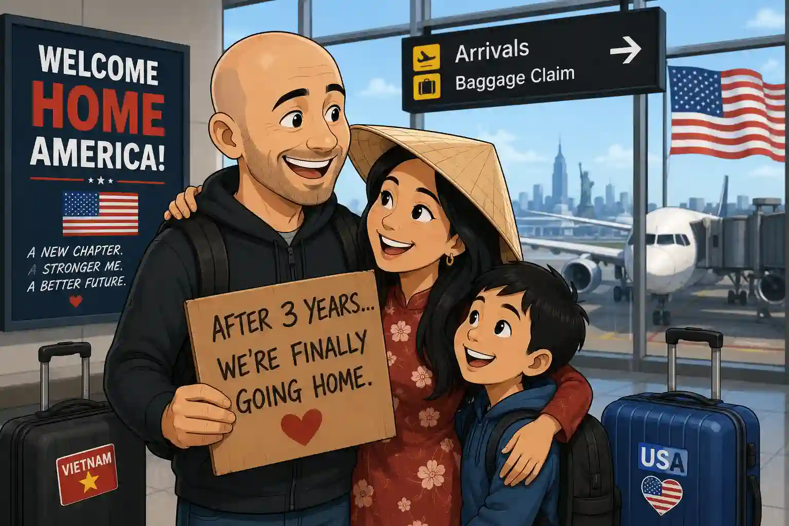 Cartoon illustration of a bald man with his Vietnamese wife and young son smiling at an airport before returning to the United States after three years during OCD recovery.