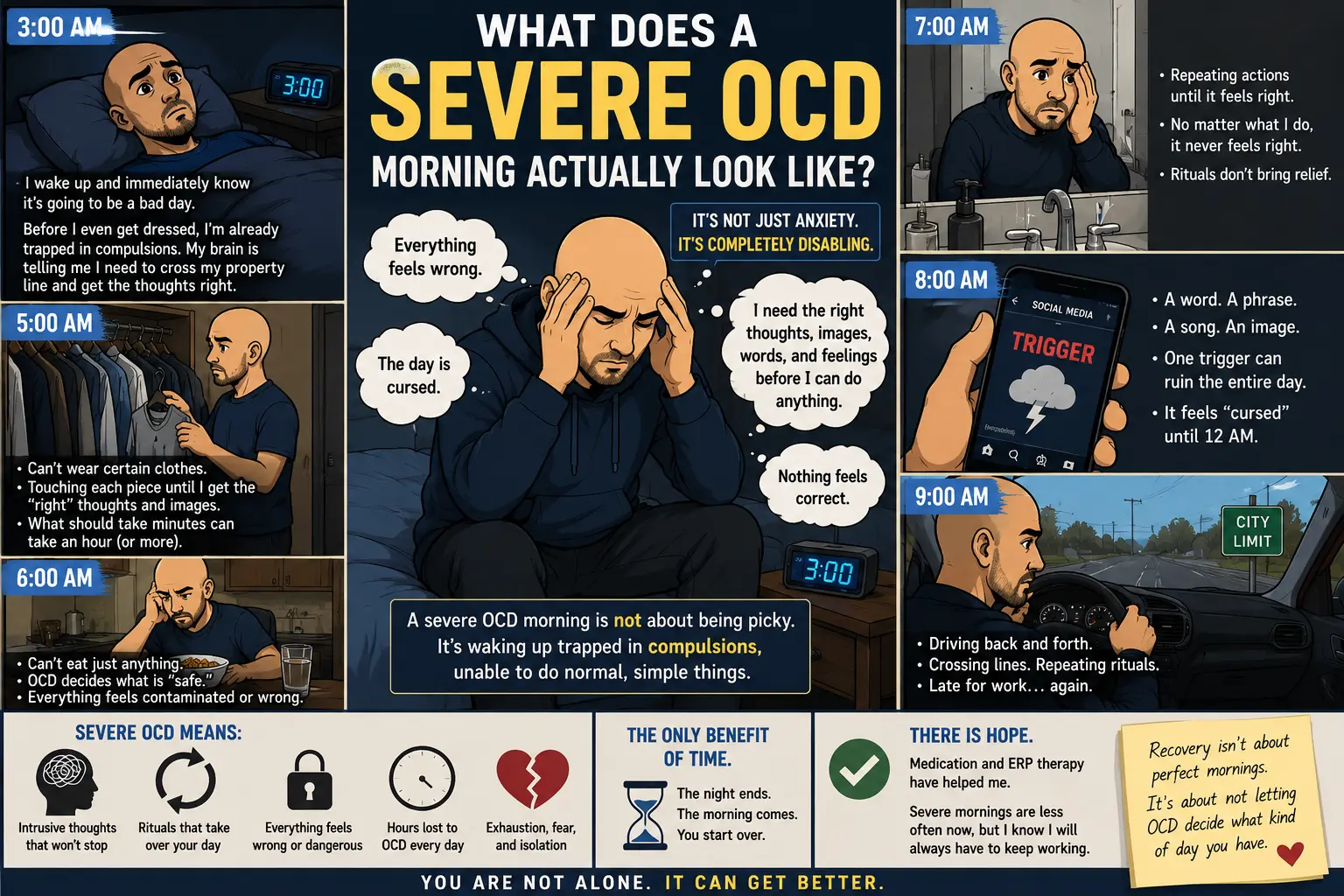 Bald man struggling with severe OCD in the early morning, dealing with intrusive thoughts, clothing rituals, property line compulsions, and anxiety before leaving for work.