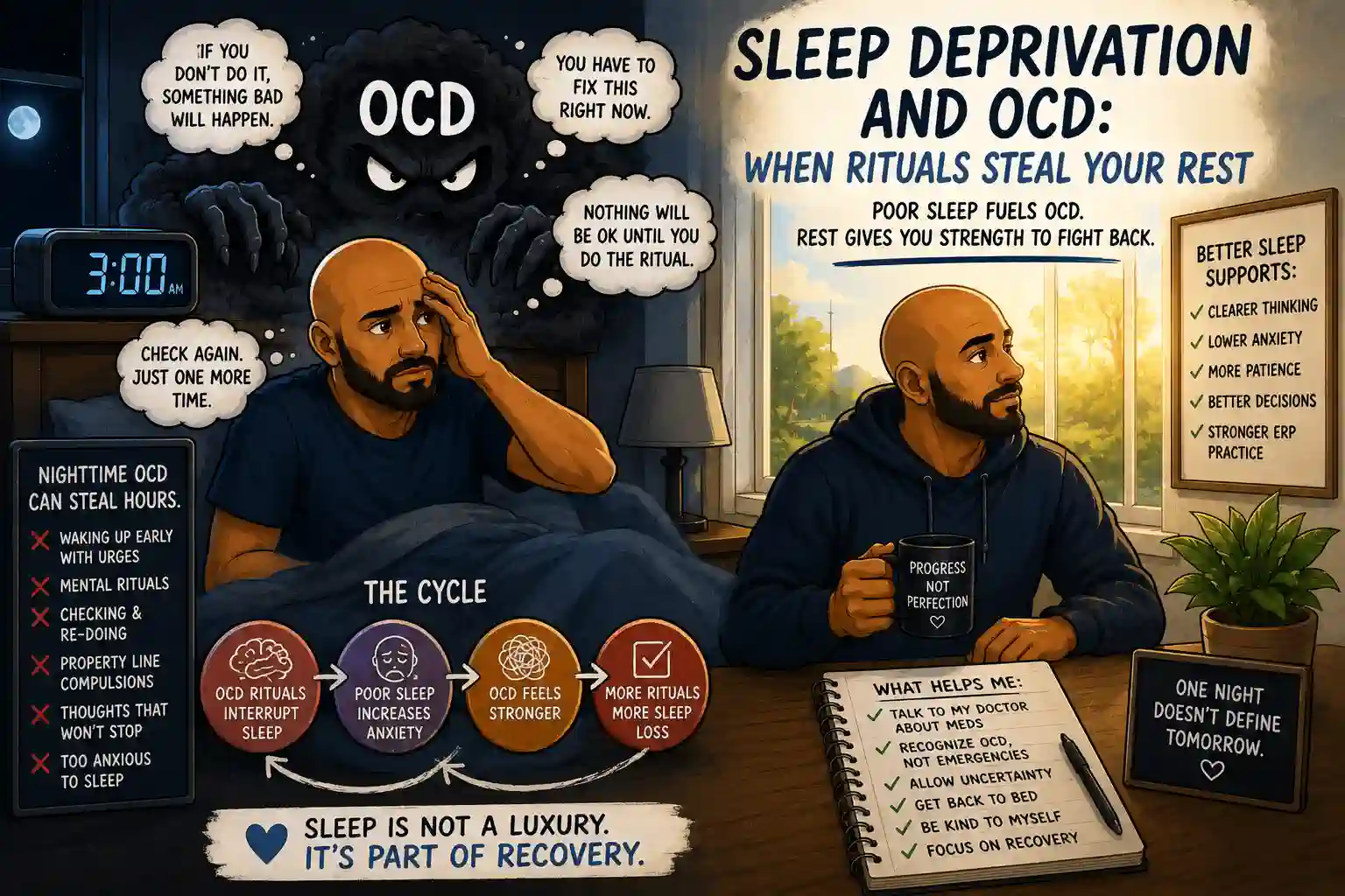 Cartoon bald man awake at night with OCD thoughts and rituals interfering with sleep, while learning that rest is part of recovery.