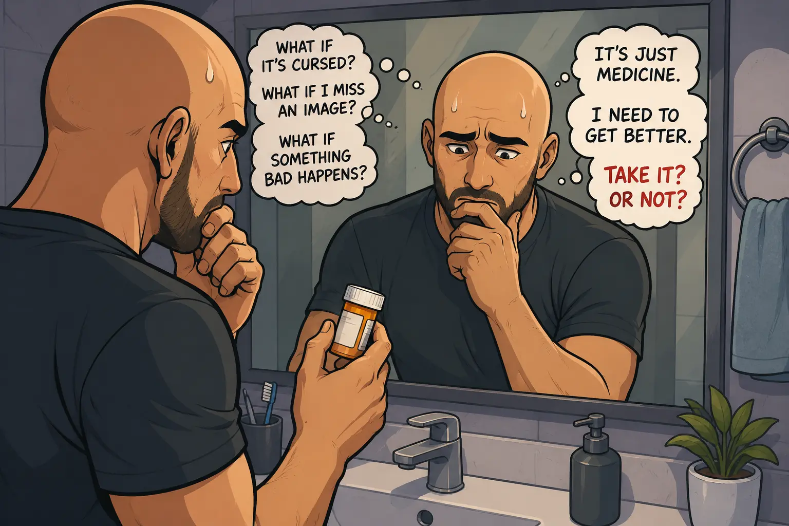 Illustration of a man struggling with magical thinking OCD while deciding whether to take prescribed medication.