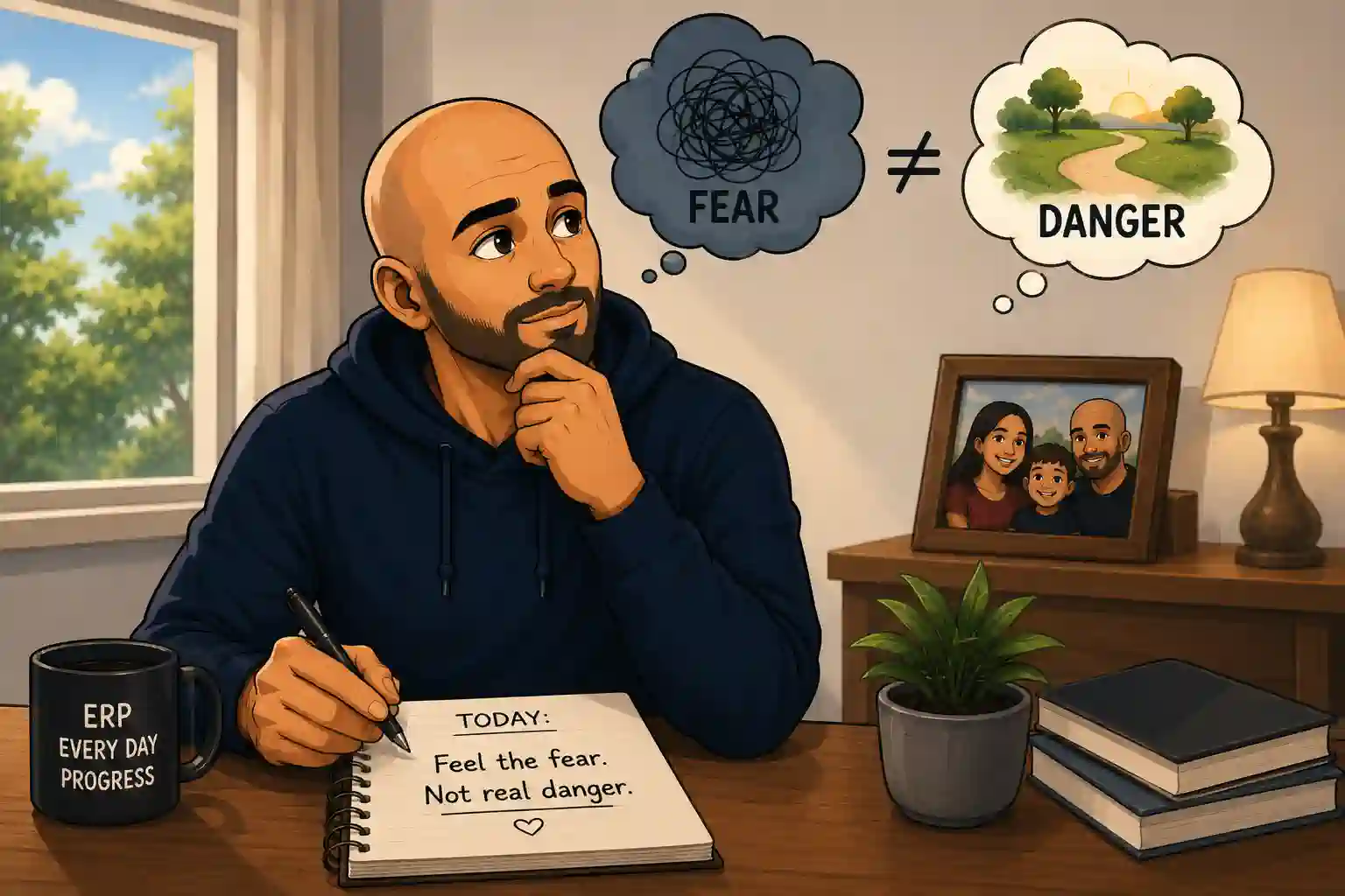 Cartoon bald man learning the difference between OCD fear and real danger while practicing ERP therapy and resisting compulsions.