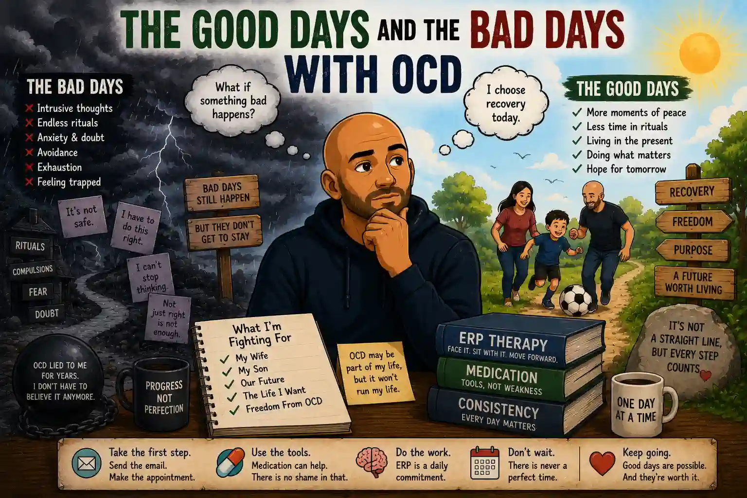 Cartoon bald man with OCD standing between difficult days and hopeful days while thinking about family, ERP therapy, medication, and recovery.