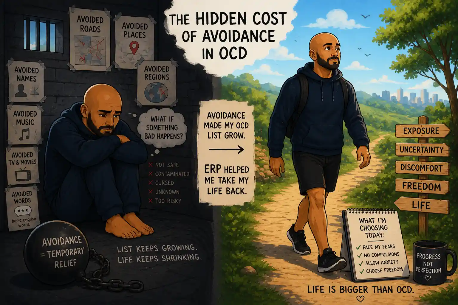 Cartoon bald man surrounded by avoided roads, places, words, music, and regions while learning that OCD avoidance makes life smaller.