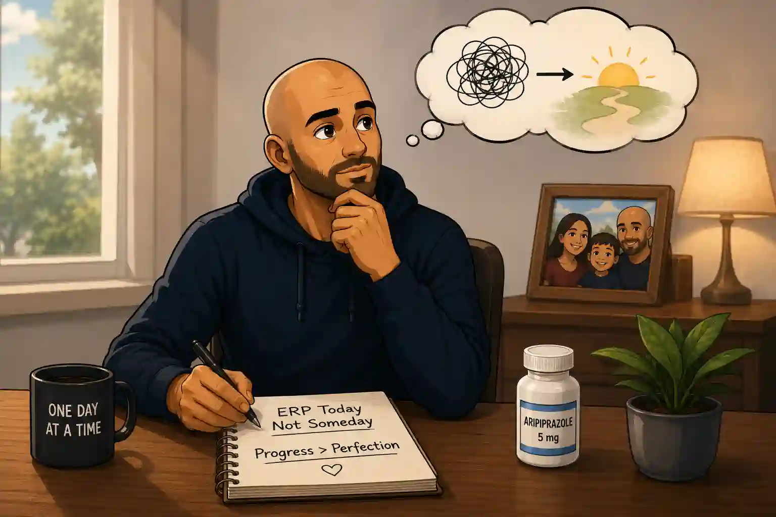 Cartoon bald man with OCD standing between delay and recovery, learning that there is never a perfect time to start ERP therapy.