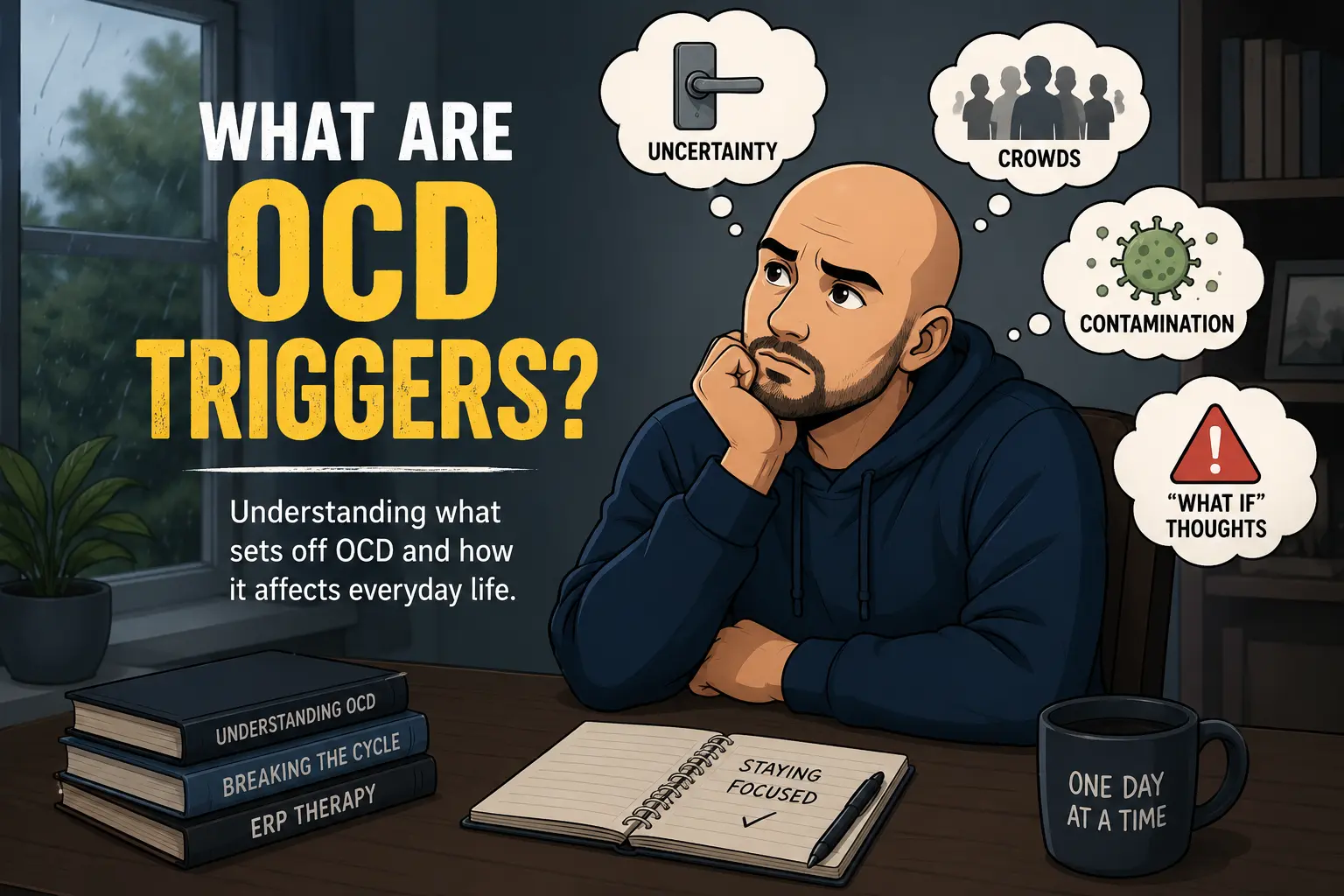 Bald man experiencing OCD triggers from words, images, music, and intrusive thoughts while learning to manage anxiety through ERP therapy.