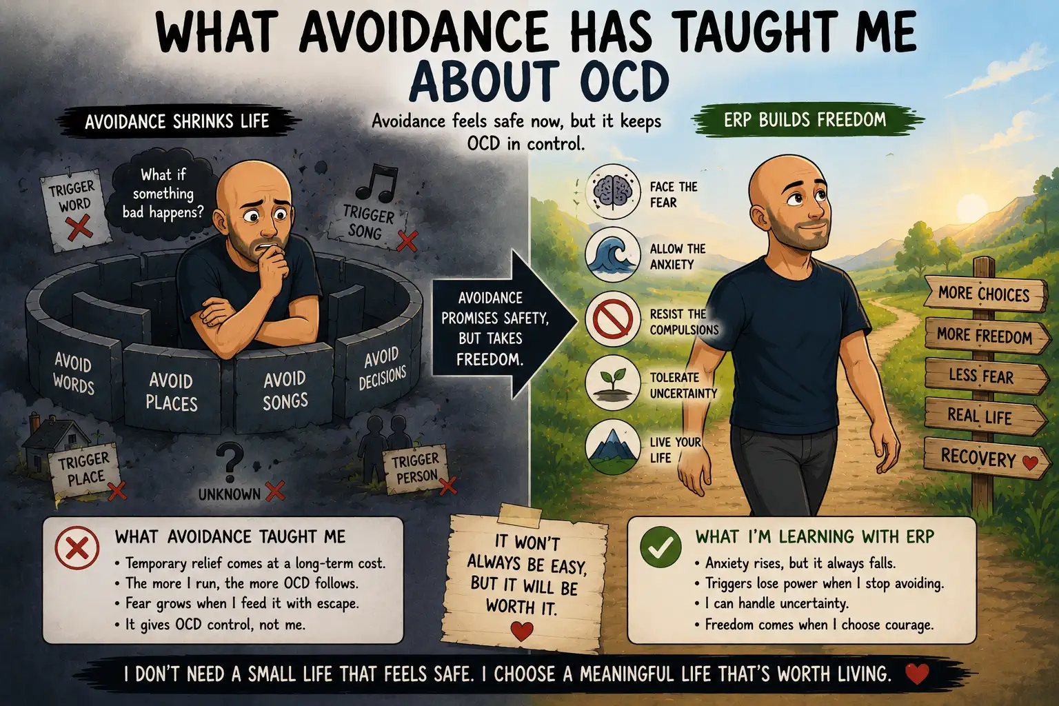 Cartoon bald man avoiding OCD triggers while slowly realizing that avoidance makes fear stronger and ERP helps reclaim freedom.