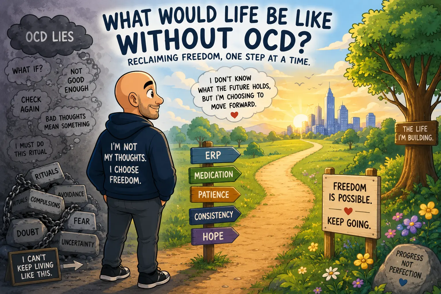 Cartoon bald man reflecting on how OCD affected his life while walking toward a future with greater freedom through ERP therapy and treatment.