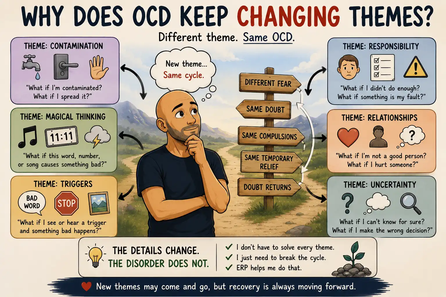 Cartoon bald man facing different OCD themes such as contamination, magical thinking, triggers, and uncertainty while realizing the same OCD pattern exists underneath them all.