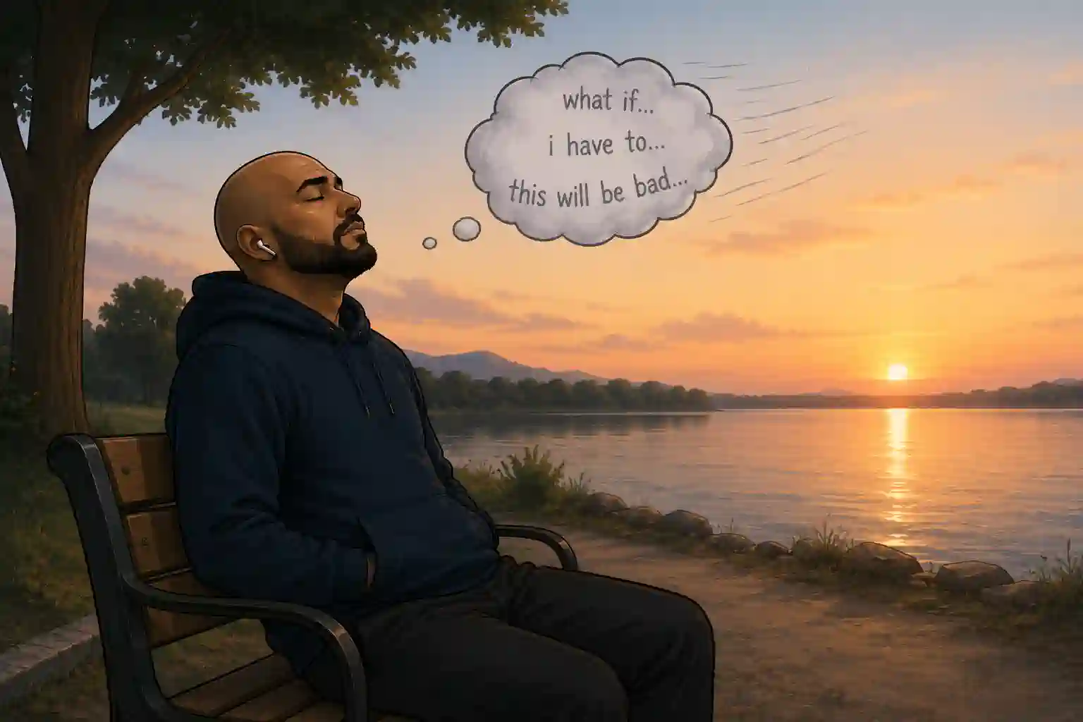Cartoon bald man calmly sitting on a park bench while intrusive OCD thoughts drift past overhead, symbolizing choosing not to respond to compulsions and allowing anxiety to fade naturally.