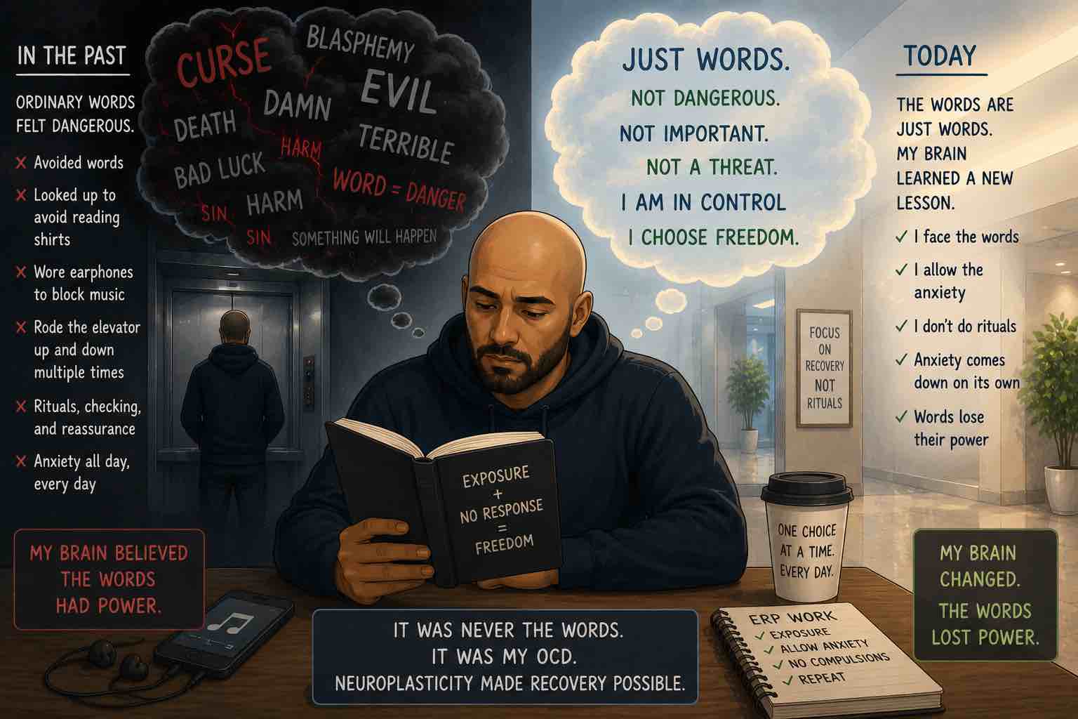 Cartoon bald man calmly reading ordinary words while dark OCD thoughts fade away, illustrating recovery from magical thinking OCD through ERP.