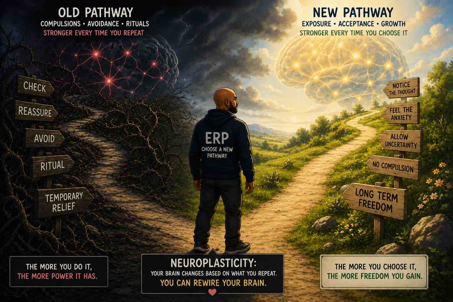 Cartoon bald man creating a new path through a forest while an old overgrown trail fades away, symbolizing neuroplasticity and OCD recovery through repeated ERP.