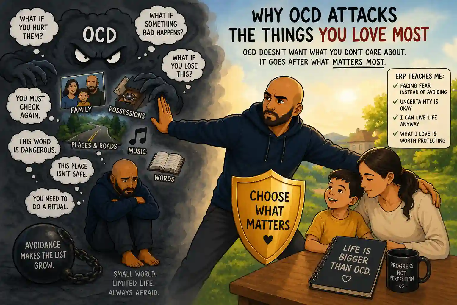 Cartoon bald man choosing to spend time with his family while OCD tries to pull his attention toward fear, illustrating how OCD often targets what we value most.