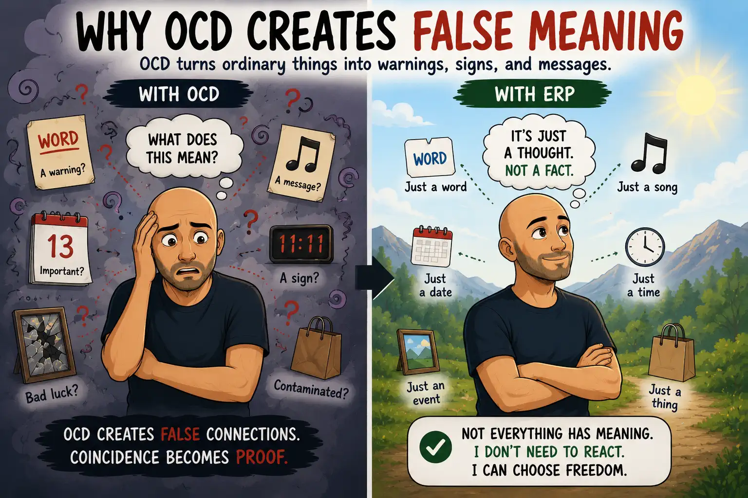 Cartoon bald man surrounded by words, songs, coincidences, and symbolic triggers while OCD creates false meaning, contrasted with ERP helping separate fear from reality.