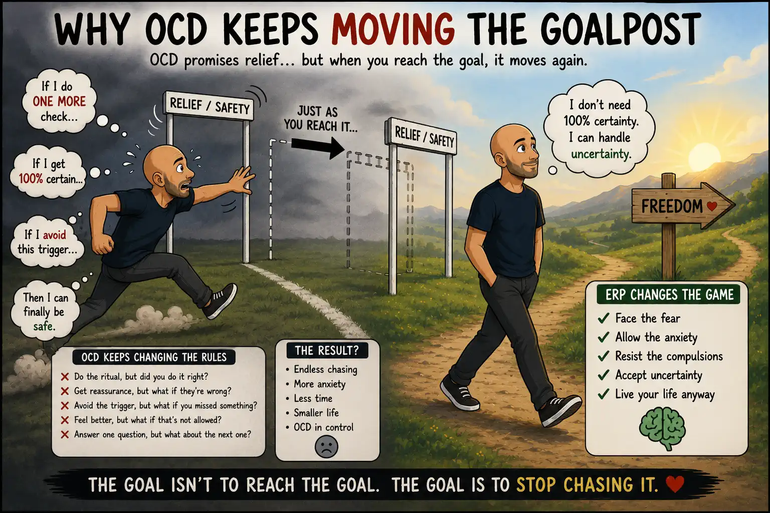 Cartoon bald man chasing a moving OCD goalpost while learning through ERP therapy to stop following changing rules and compulsions.