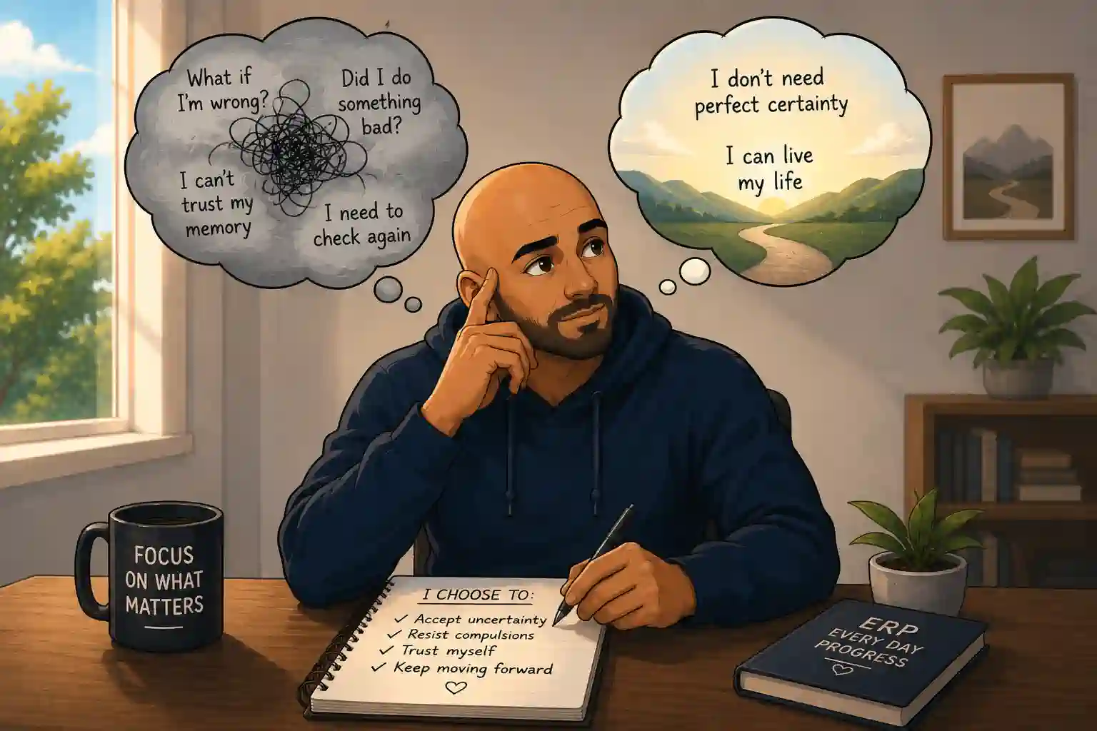 Cartoon bald man struggling with OCD doubt while learning through ERP therapy to trust himself without needing perfect certainty.