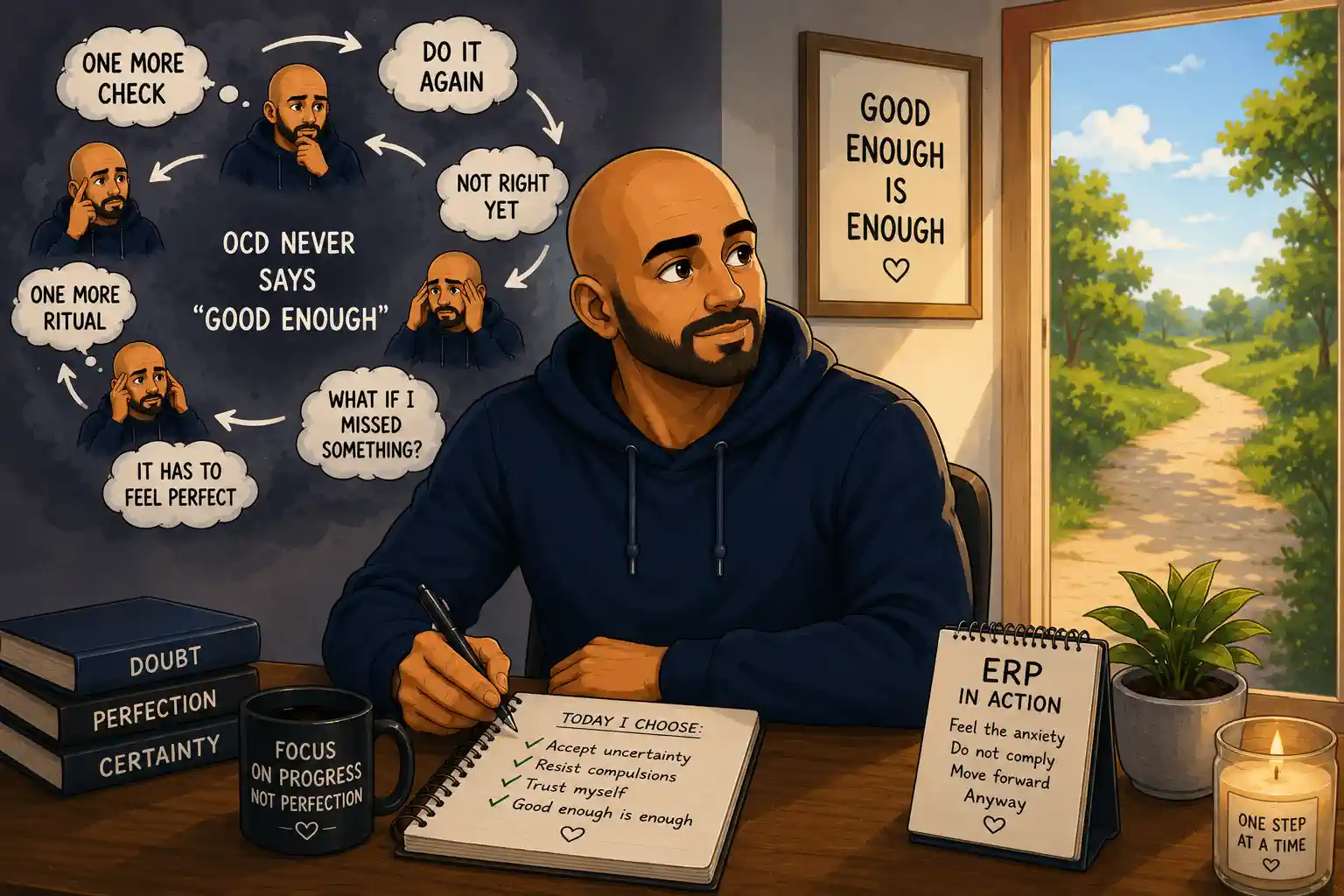 Cartoon bald man struggling with OCD perfectionism and repeated rituals while learning through ERP therapy that good enough is enough.