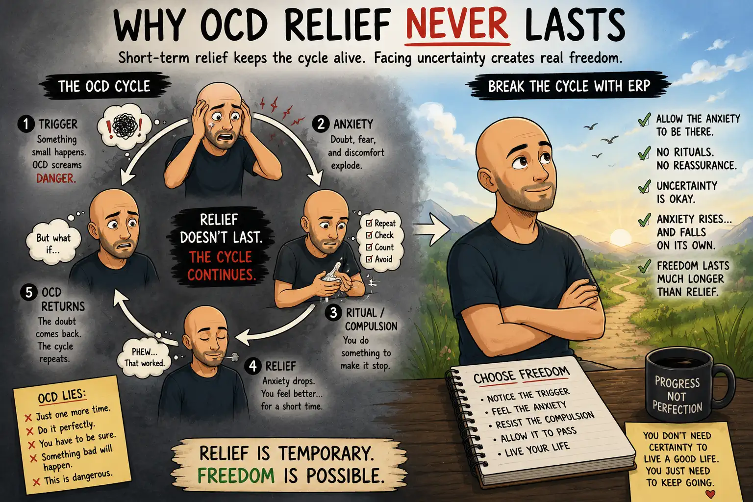 Cartoon bald man trapped in an OCD cycle of anxiety, rituals, and temporary relief while learning through ERP therapy that freedom comes from resisting compulsions.