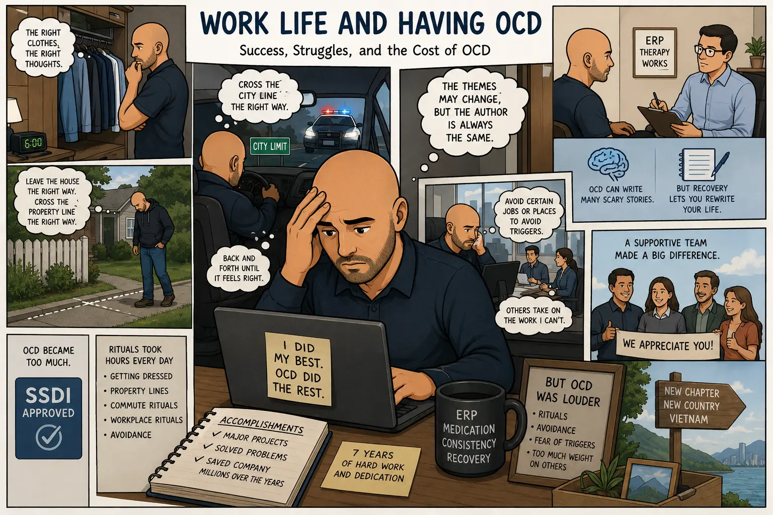 Bald man struggling with severe OCD while preparing for work, dealing with rituals, property line compulsions, workplace avoidance behaviors, and career challenges.
